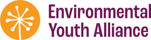 Image shows EYA's new logo, an interpretation of a dandelion seedhead in a yellow circle, with Environmental Youth Alliance in purple text to the right of the dandelion icon. 
