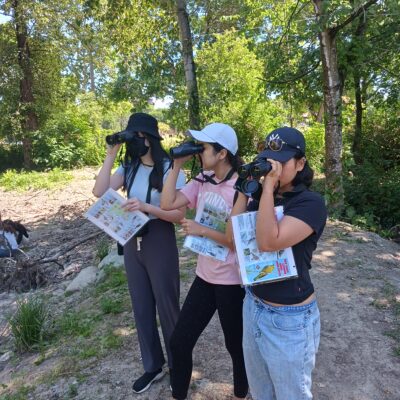 Three youth participants observing birds with a pair of binoculars and holding guide booklets.