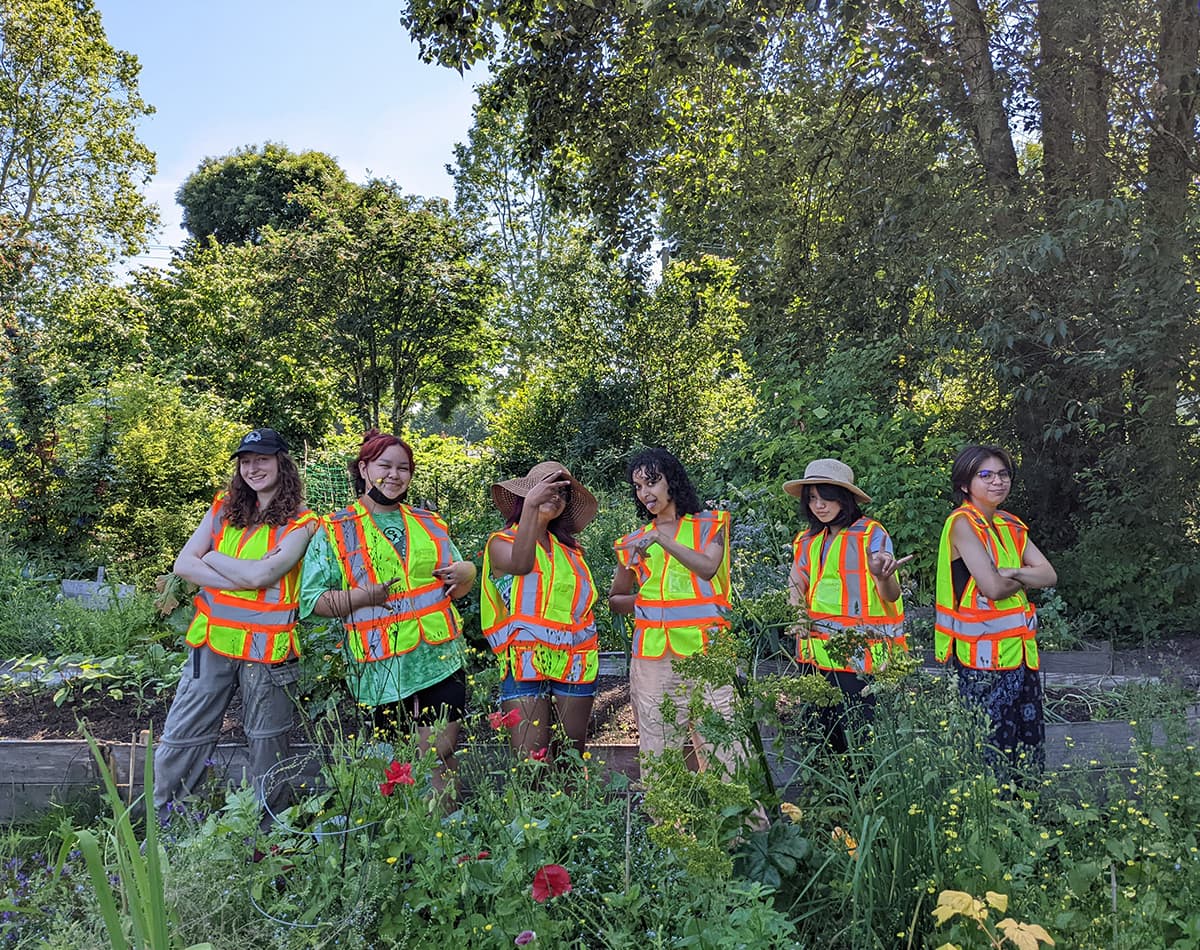 A group of six youth are smiling and posing while standing around garden beds. They are all wearing high visibility vests.